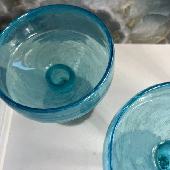Hand blown Margarita Glasses Set of 3 6.5" Tall Aqua Blue Swirl Unmarked - Picture 5 of 9